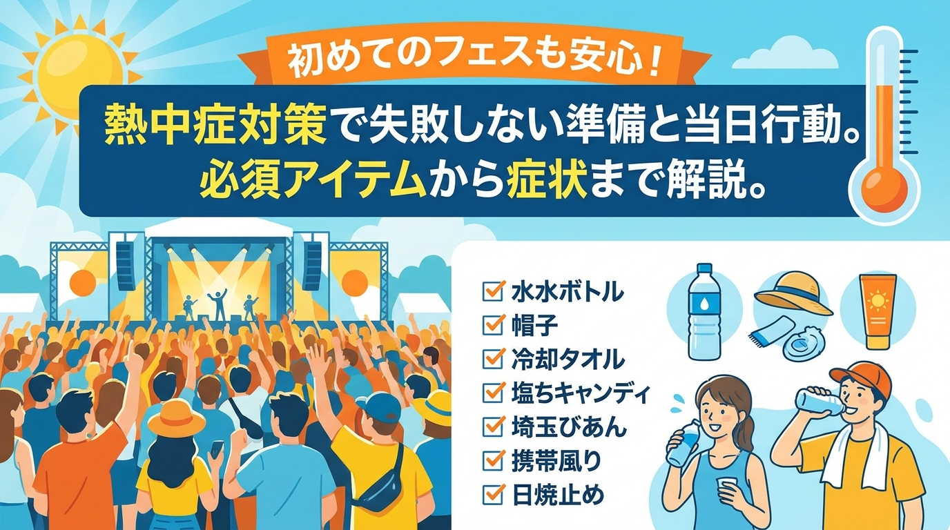 初めてのフェスも安心！熱中症対策で失敗しない準備と当日行動。必須アイテムから症状まで解説。